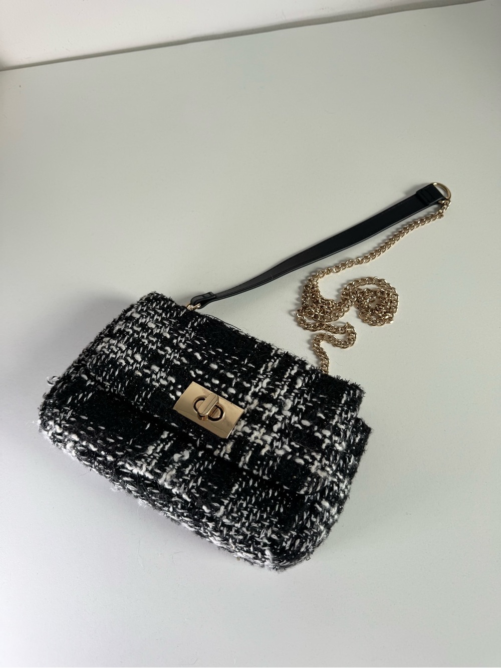 H&M Black & White Tweed Chain Shoulder Bag